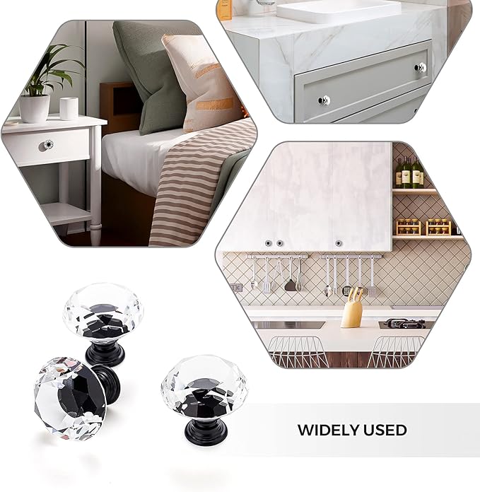 Ravinte 15 Pack Crystal Drawer Knobs - Glass Cabinet Knobs, Diamond Shaped, 30 mm with Black Base