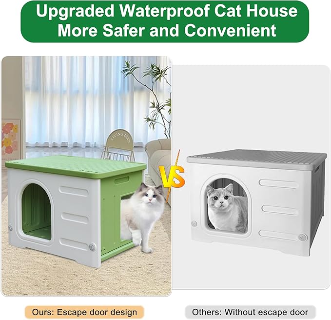 Rockever Plastic Cat House Outdoor with Escape Door, Waterproof Feral Cat House Outdoor Indoor, Sturdy Cat House for Outdoor Cats with Cat Bed Mat, Assemble Easily-Green-Mewly Pet