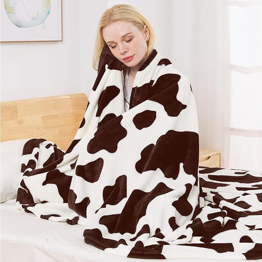 Richave Fleece Cow Print Blanket for All Season - Premium Lightweight Anti-Static Brown and Ivory Twin/Twin XL Size Extra Long Blankets, Bedroom Decor 66" x 90"(Brown Cow)