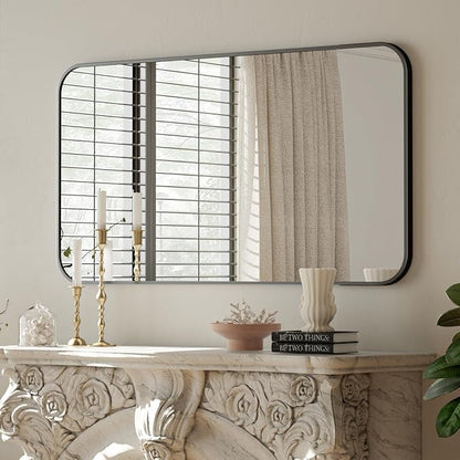 BEAUTYPEAK 26" x 38" Rectangular Aluminum Alloy Frame Wall Mounted Bathroom Mirror with Rounded Corners, Black