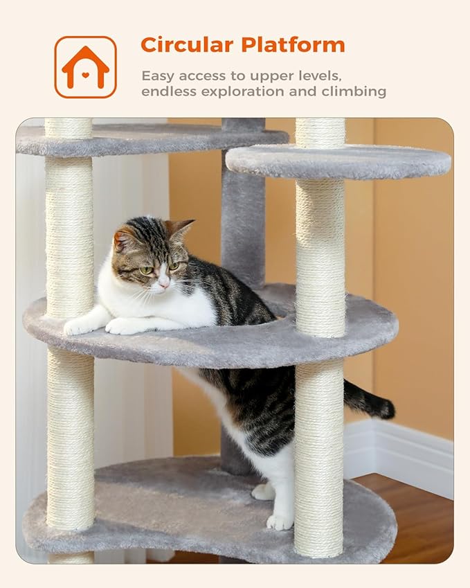 PETEPELA 61" Cat Tree for Indoor Cats, [6-Levels] Cat Climbing Tower with 9 Sisal Scratching Posts and Replaceable Dangling Ball &Top Perch, Grey-Mewly Pet