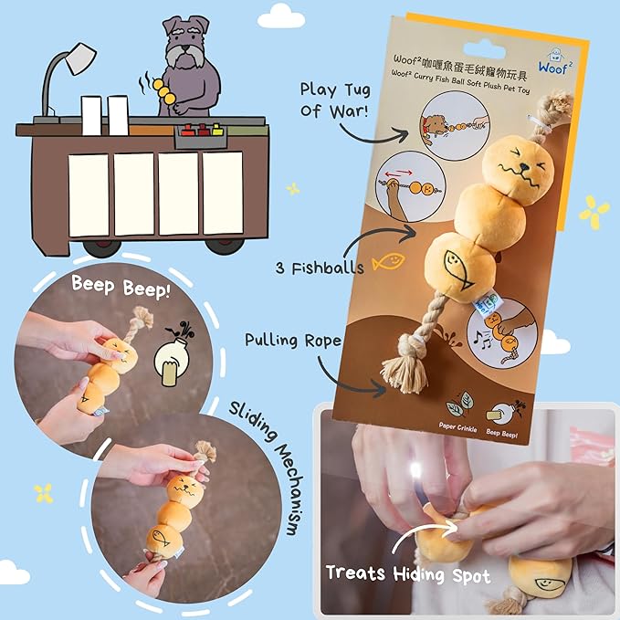 Curry Fishball Soft Plush Squeaky Dog Pull Toy - Durable, Iconic, Cute & Fun Rope Toy for Interactive Bonding Time, Sliding Mechanism, Hide Food for Puzzle Play, Small Medium Dogs-Mewly Pet