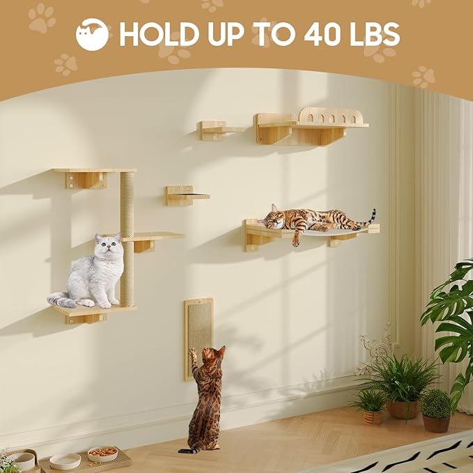 Cat Wall Shelves, Set of 6 Wooden Cat Wall Furniture Includes Scratching Post with 3 Steps, Jumping Platform, Hammock and Scratcher Board for Kittens-Mewly Pet