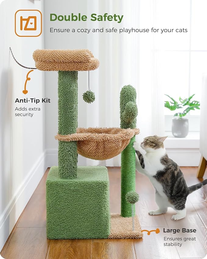 PEQULTI 4-in-1 Cactus Cat Tree, 33'' Cat Tower for Indoor Cats with Large Condo, Cat Scratching Post for Cats with Deep Hammock& Cozy Top Perch,Green-Mewly Pet