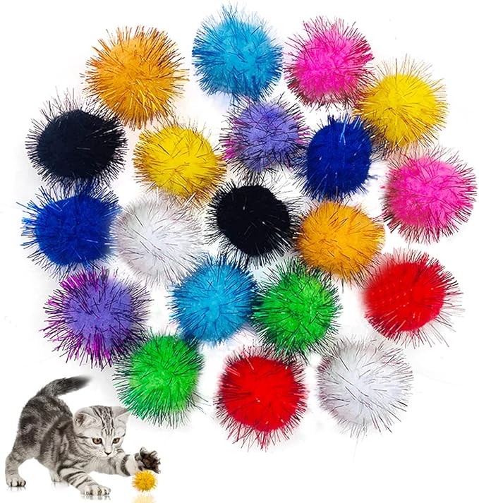 PET SHOW 20pcs Cat Sparkle Ball for Indoor Cats 1.77 Inch Assorted Color Glitter Kittens Toy Balls Cat Chase Pom Pom Balls for Cats-Mewly Pet