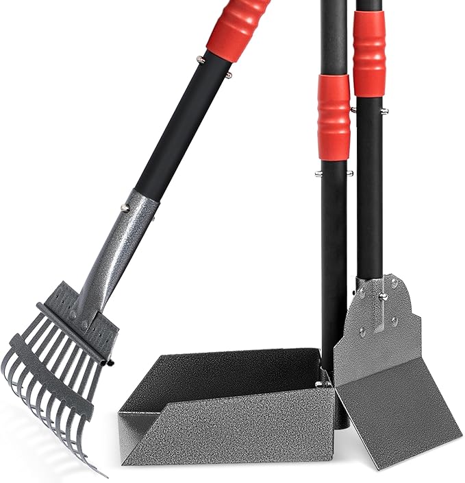 Heeyoo Dog Pooper Scooper, Dog Poop Tray and Rake Set, Pet Waste Removal Scoop with Long Adjustable Sectional Stainless Handles-Mewly Pet