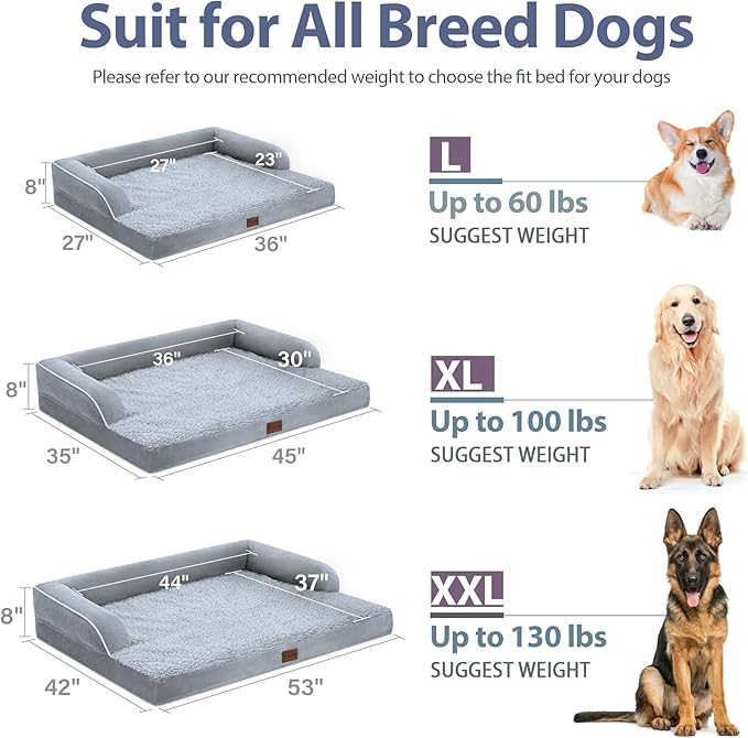 Orthopedic Dog Beds for Extra Large Dogs, Waterproof Dog Beds XLarge, Memory Foam Dogs Couch Beds, Comfy Bolster Pet Beds with Removable Washable Cover, Nonskid Bottom (X-Large, Grey)-Mewly Pet