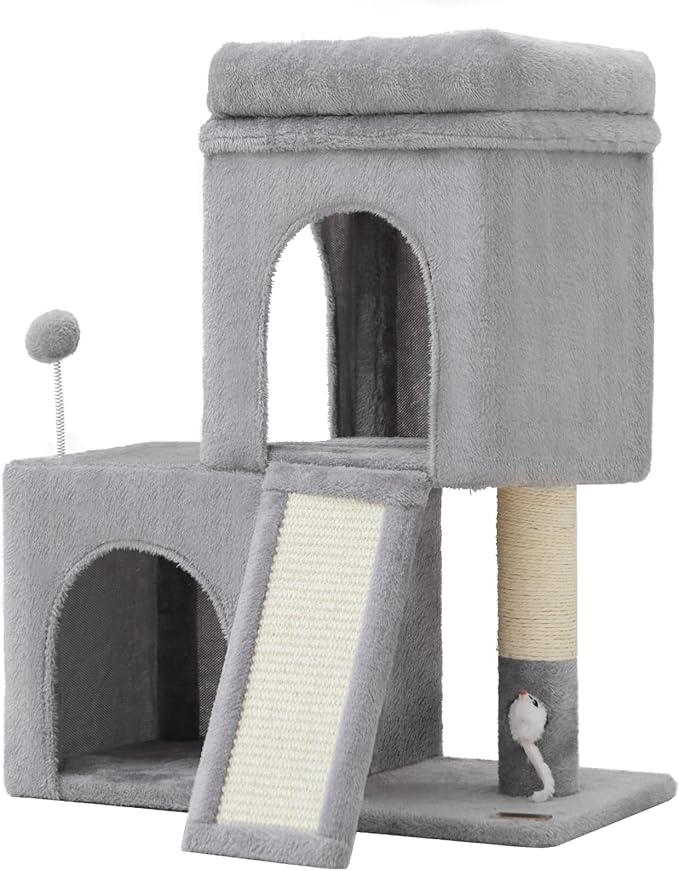 24inch Tall cat Tree with 2 cat condo and Mouse Toy Cozy Small cat Tower with Scratching Post and Board for Kitties and Small Cats.（Light Grey）-Mewly Pet