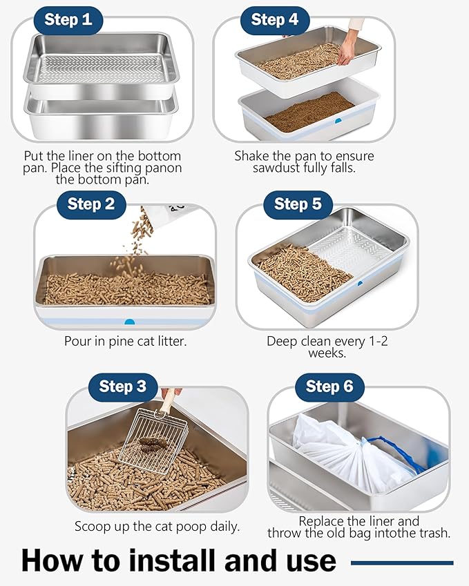 Stainless Steel Sifting Litter Box with Lid, Metal Litter Pan with Scoop for Big Cats Multi Cat, Extra Large Cats Litterbox Odor Control Easy Clean (24 * 16 * 12inch-Side Entry, X-Large)-Mewly Pet