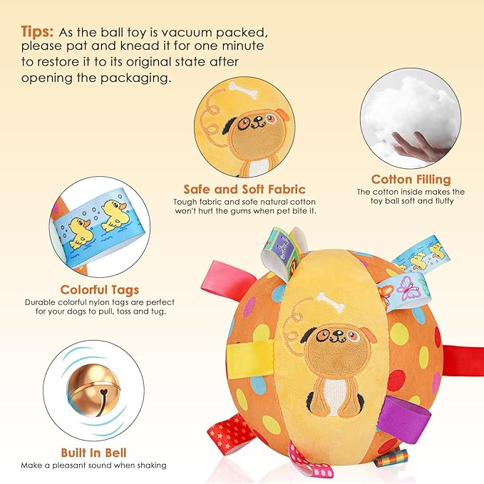 Dog Squeaky Plush Toy with Straps, 6-Inch Soft Stuffed Ball with Cotton Material and Bell Built-in, Pet Interactive Fetch Toy for Small to Large Dog-Mewly Pet