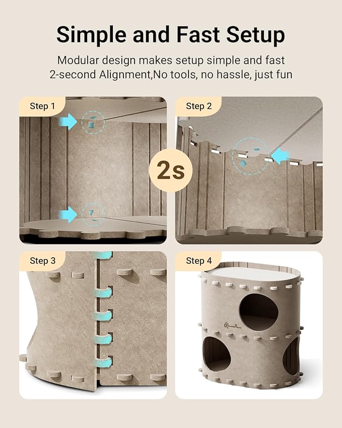 DownyPaws Cat House for Indoor Cats, 2-Storey Foldable Cat Bed Cave, Felt Cats Tunnel Bed Condo, Castle Kitten Cube Hideaway for Multicats, Scratch Resistant, Cream-Mewly Pet