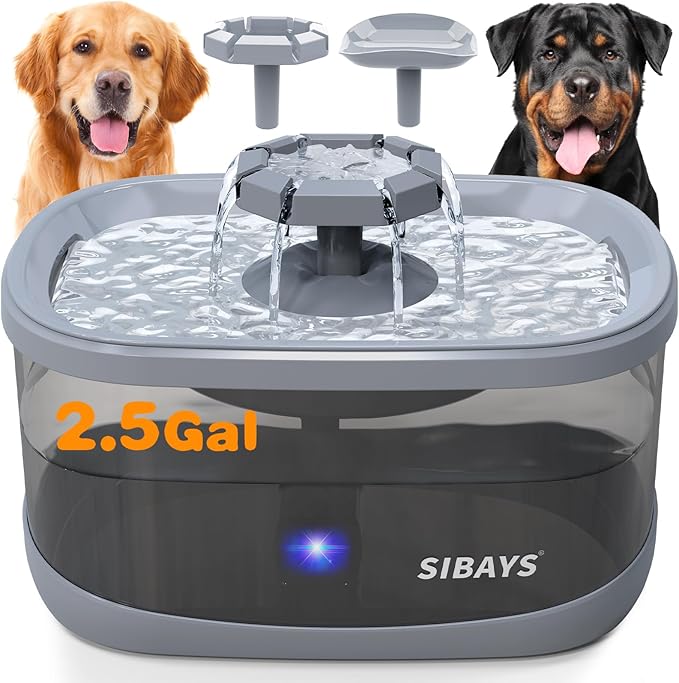 SIBAYS 2.5Gal/9.5L Dog Water Fountain for Large Dogs, 3 Flow Modes Large Pet Water Fountain for Cats, Automatic Dog Water Bowl Dispenser with 7" Filter & Smart LED Pump, Quiet, BPA-Free Material(FS68)-Mewly Pet