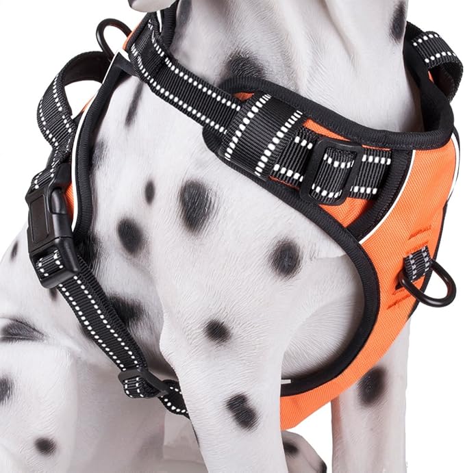 PoyPet No Pull Dog Harness, Reflective Comfortable Vest Harness with Front & Back 2 Leash Attachments and Easy Control Handle Adjustable Soft Padded Pet Vest for Small to Large Dogs (Orange,L)-Mewly Pet