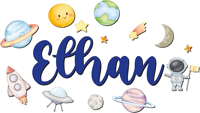 Custom Nursery Name Sign with Themed Decor Kit | Personalized Wooden Wall Art for Baby, Kids Room | Space, Jungle, Circus, Under the Sea, Woodland, Rainbow (20", Space)