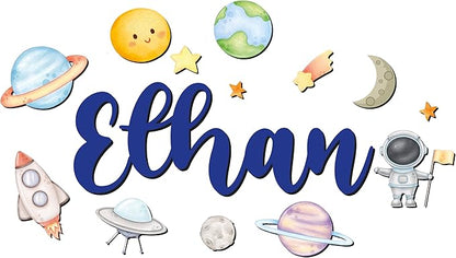 Custom Nursery Name Sign with Themed Decor Kit | Personalized Wooden Wall Art for Baby, Kids Room | Space, Jungle, Circus, Under the Sea, Woodland, Rainbow (60", Space)
