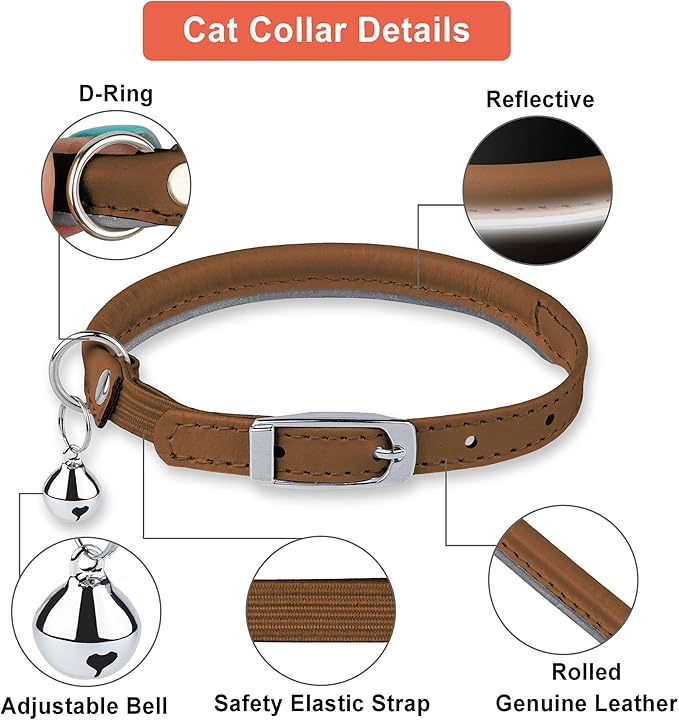 OOPSDOGGY Rolled Leather Cat Collar with Bell, Reflective Kitten Collars with Buckle Include Safety Elastic Strap - Adjustable Small Pet Collars for Boy Girl Cats (Beige)-Mewly Pet
