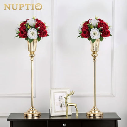 NUPTIO Artificial Flower Centrepieces for Tables - 10 Pcs Crimson & White Fake Flowers Roses Balls 9.5in Diameter - Silk Faux Rose Arrangement for Wedding Party Centerpiece Table Decorations