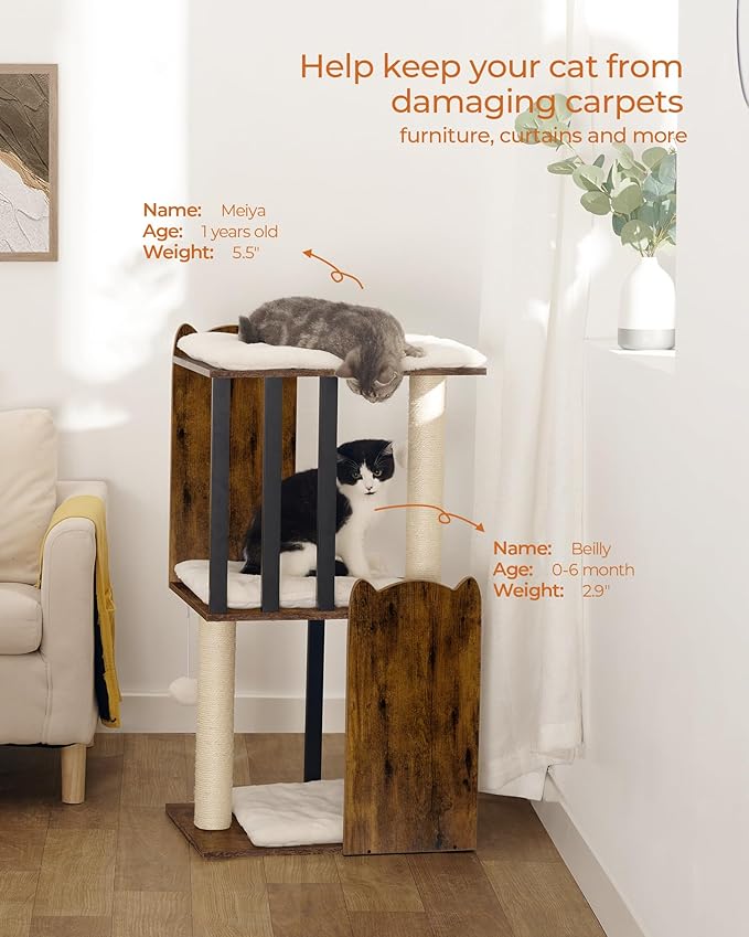 FourFurPets 35.4in 3-Tier Modern Cat Tree Tower Condo, Cat Scratch Posts for Indoor Cats, Big Plate, Two Full Sisal Scratching Posts, Rustic Brown-Mewly Pet