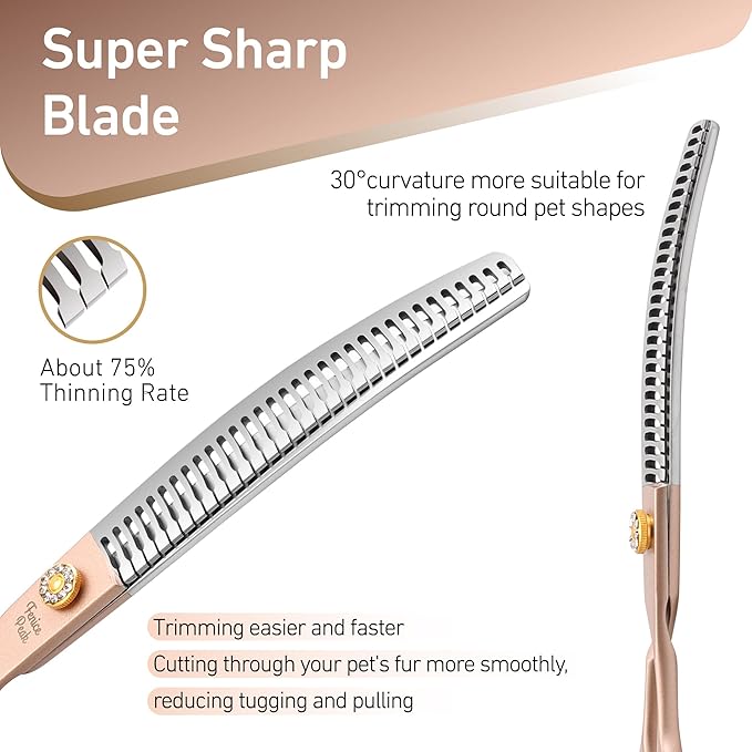 Fenice Peak Professional Curved Chunker Dog Grooming Scissors 8.0'' Rose Gold Thinning Shears Extremely Sharp Blades 440C Stainless Steel Thinning Shears Durable Smooth Fine Cut for Dogs and Cats.-Mewly Pet