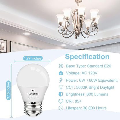 hansang A15 LED E26 Small Light Bulb, Daylight 5000K, 60Watt Equivalent Ceiling Fan Light Bulbs, E26 Standard Base Appliance Light Bulb, 600 Lumen, CRI85+, Eye Protection, 120V, Non-Dimmable 8 Pack
