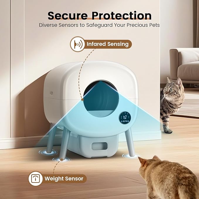 Self Cleaning Litter Box,Large Capacity Automatic Cat Litter Box Self Cleaning for Multiple Cats with App Control and Safety Protection,2 Roll Litter Bags,White-Mewly Pet