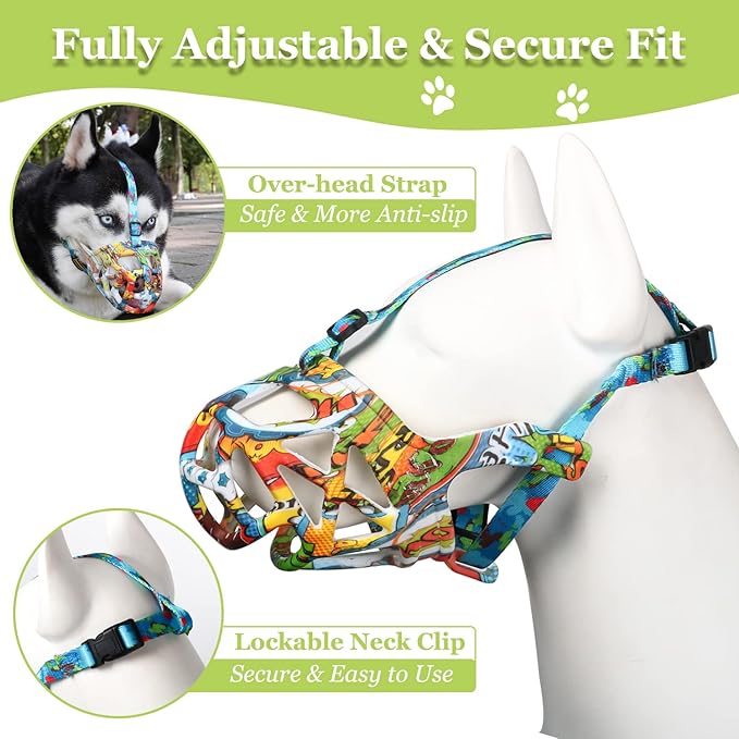 Dog Muzzle, Printed Basket Muzzle for Small Medium Large Dogs Dachshund, Beagle, German Shepherd, Breathable Pet Muzzles to Prevent Biting Chewing Scavenging, Allows Panting and Drinking-Mewly Pet