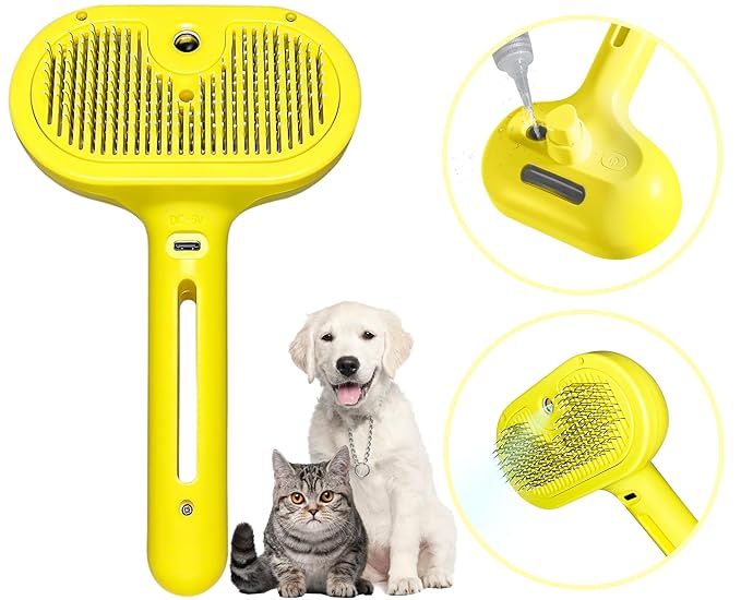 Cat Brush for Shedding - Pet Hair Removal Comb with Water Tank, Steam Brush, Cat Bath Brush, Dog Brush - Yellow-Mewly Pet