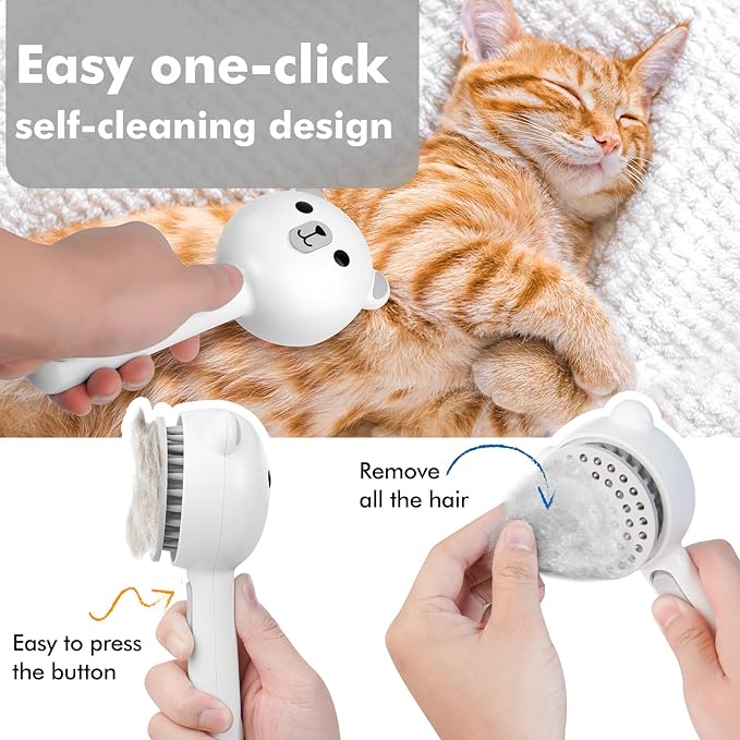 4 in 1 Pet Steam Brush for Cat & Dog, Cat Steam Brush for indoor Cats, Self Cleaning Shedding & Grooming Tool with Waterless Shampoo, Pet Spray Hair Removal Comb with Release Button & Water Tank-Mewly Pet