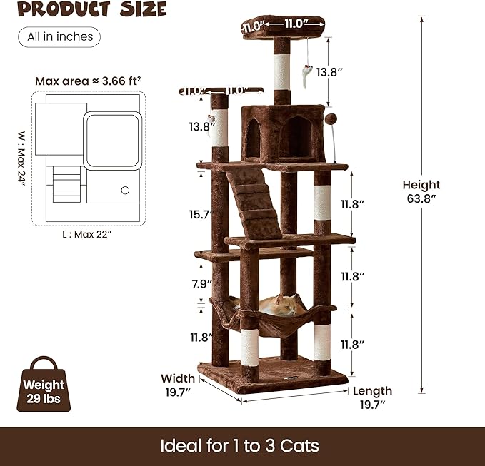 MWPO 63.8 inches Multi-Level Cat Tree for Large Cats with Sisal-Covered Scratching Posts, Padded Platform, Hammock and Condo,Stable Cat Tower Cat Condo Pet Play House (Brown)-Mewly Pet