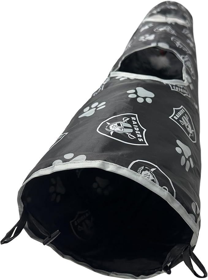 NFL Las Vegas Raiders Cat Tunnel Tube Toy with Plush Football Catnip and Feathers Collapsible Tunnel for Cats to Play, Peek and Hide, Sporty & Fun Cat Tunnel Toy with Team Logo All-Over Design!-Mewly Pet