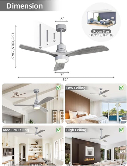 Sofucor 52 Inch Smart Ceiling Fans with Lights and Alexa/Google Assistant/APP/Remote Control-Modern Solid Wood Outdoor 3 Blades Ceiling Fan for Bedroom Living Room Indoor Farmhouse Patio, Silver Grey
