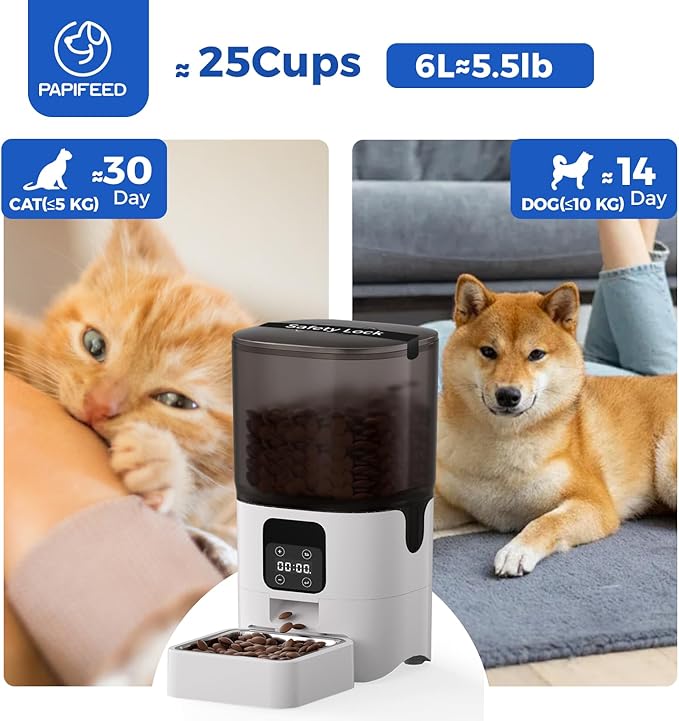 PAPIFEED 6L Automatic Cat & Small Dog Feeder - Programmable Pet Feeder with 36 Daily Meals, Detachable Stainless Steel Bowl, 25 Cup Capacity Smart Food Dispenser for Easy Cleaning-Mewly Pet