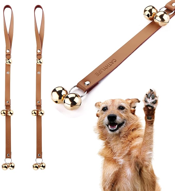 Leather Dog Doorbells for Door Knob/Potty Training/Go Outside, Length Adjustment Copper Dog Bell, Housetraining Hanging Bell, Brown Leather Golden Bells - 2 Pack-Mewly Pet