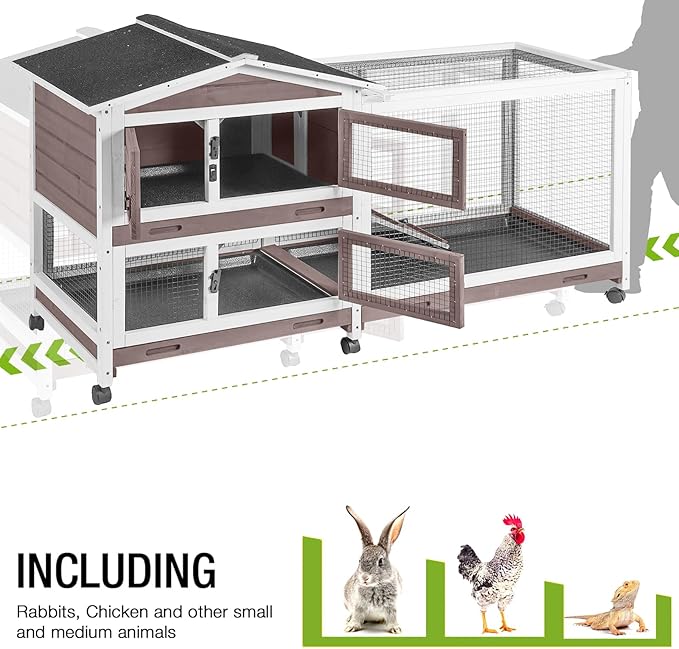 GUTINNEEN Rabbit Hutch with Chew-Resistant Ramp Indoor Bunny Cage Outdoor Guinea Pig Cage with Wheels and Leakproof Tray-Mewly Pet