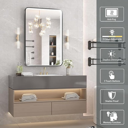 28x36 Inch LED Bathroom Mirror with Lights, Black Metal Framed LED Mirror for Bathroom, 3 Colors and Stepless Dimmable Wall Mounted Lighted Bathroom Vanity Mirror, Anti-Fog, Memory