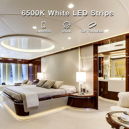 DAYBETTER White LED Strip Lights, 50 ft Dimmable 6500K Bright White Strip Lighting, 900 LEDs Tape LED Lights for Bedroom, Mirror, Kitchen, Home Decoration(2 Rolls of 25 ft)