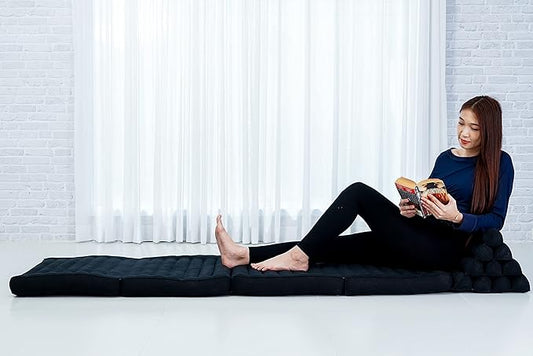 Leewadee Comfortable Japanese Floor Mattress - Thai Floor Bed with Triangle Cushion - Futon Mattress - XL Extra Long Thai Massage Mat, 89 x 20 inches, Black, Kapok Filling
