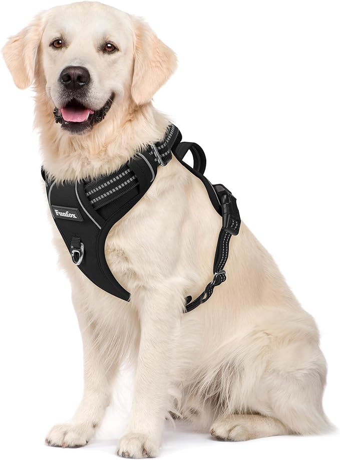 Funfox Dog Harness No Pull, Adjustable Dog Vest Harness Super Soft, 2 Leash Clips Anti Pull, Vertical Handle Easy to Control, Reflective Night Walking for Large Breed, Black, L-Mewly Pet