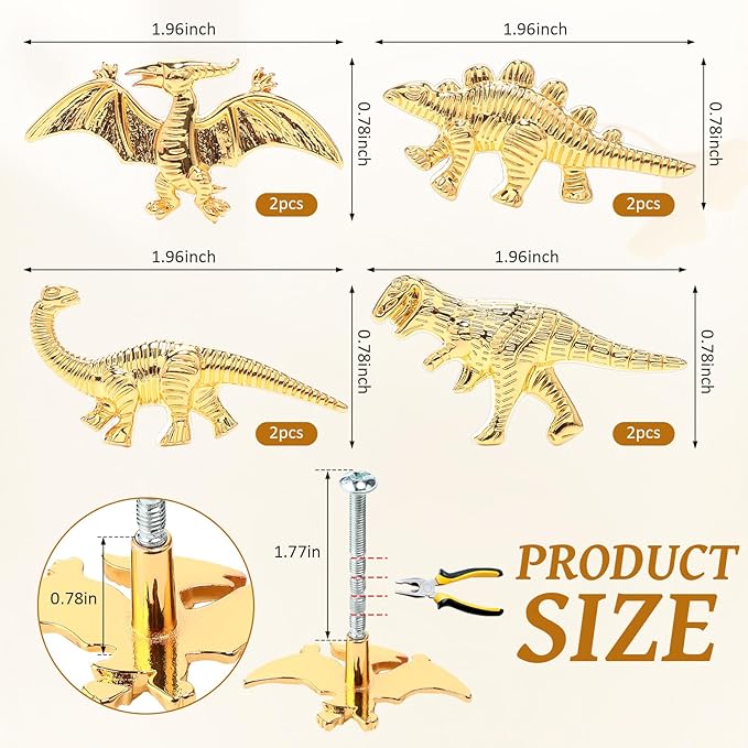 8 Pack Metal Dinosaur Knobs for Kids Furniture - 5 Dino Mix Gold Finish Drawer Pulls & Cabinet Handles, Scratch-Resistant (Assorted Styles)