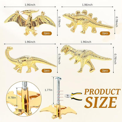 8 Pack Metal Dinosaur Knobs for Kids Furniture - 5 Dino Mix Gold Finish Drawer Pulls & Cabinet Handles, Scratch-Resistant (Assorted Styles)