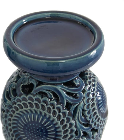 Deco 79 Ceramic Pillar Candle Holder with Cut Out Pattern, Set of 2 13", 10"H, Blue