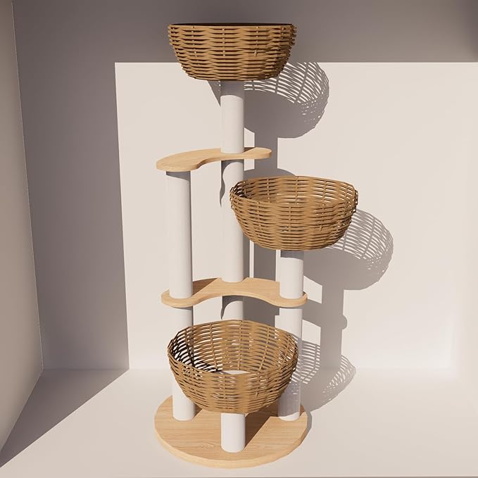 Modern Wood Rattan Cat Tree for Large Cats, Luxury Multi-Level Oak Solid Wood Cat Trees Towers，w/3 Weaving Cat Nests & Washable Cushions, Sisal Scratching Posts, for Indoor Large Cats-No paint/wax oil-Mewly Pet