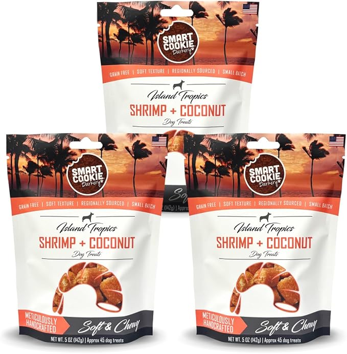 Smart Cookie All Natural Dog Treats - Shrimp & Coconut - Training Treats for Dogs with Allergies, Sensitive Stomachs - Soft Dog Treats, Chewy, Grain Free, Human-Grade, Made in USA - 5oz, Pack of 3-Mewly Pet