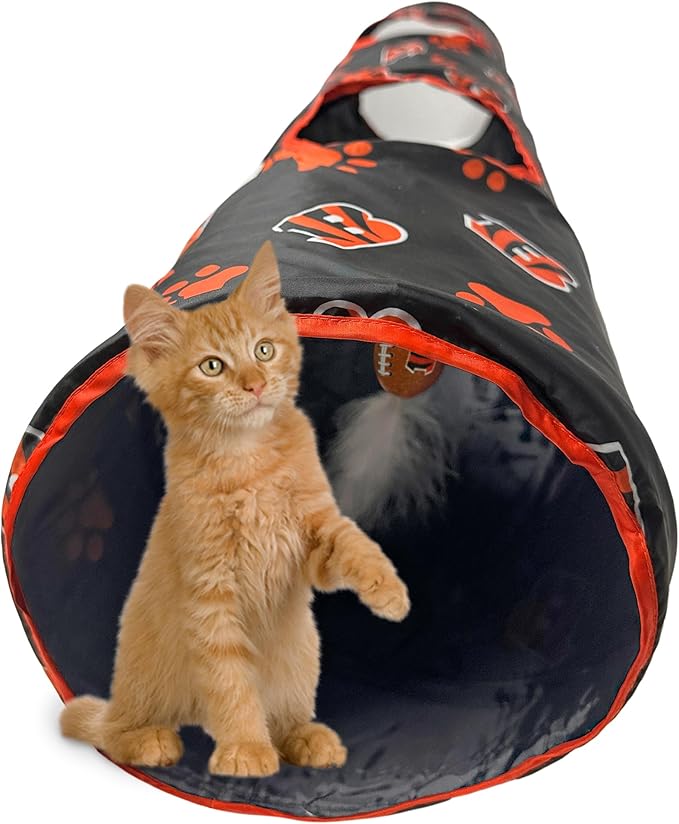 NFL Cincinnati Bengals Cat Tunnel Tube Toy with Plush Football Catnip and Feathers Collapsible Tunnel for Cats to Play, Peek and Hide, Sporty & Fun Cat Tunnel Toy with Team Logo All-Over Design!-Mewly Pet