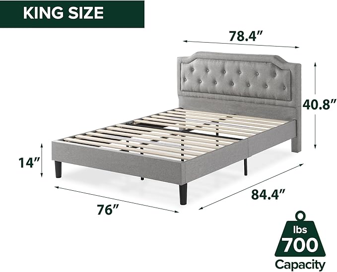 Zinus Kellen Upholstered Scalloped Platform Bed Frame, Mattress Foundation, Wood Slat Support, No Box Spring Needed, Eco Friendly WonderBox (TM), Easy Assembly, Dark Grey, King