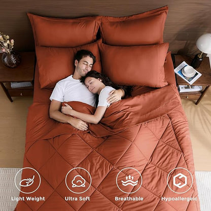 HEVUMYI Burnt Orange Queen Comforter Set - 7-Piece All Season Bed in a Bag Queen, Ultra Soft Bedding Set with Comforter, Flat Sheet, Fitted Sheet, Pillowcases, Pillow Shams