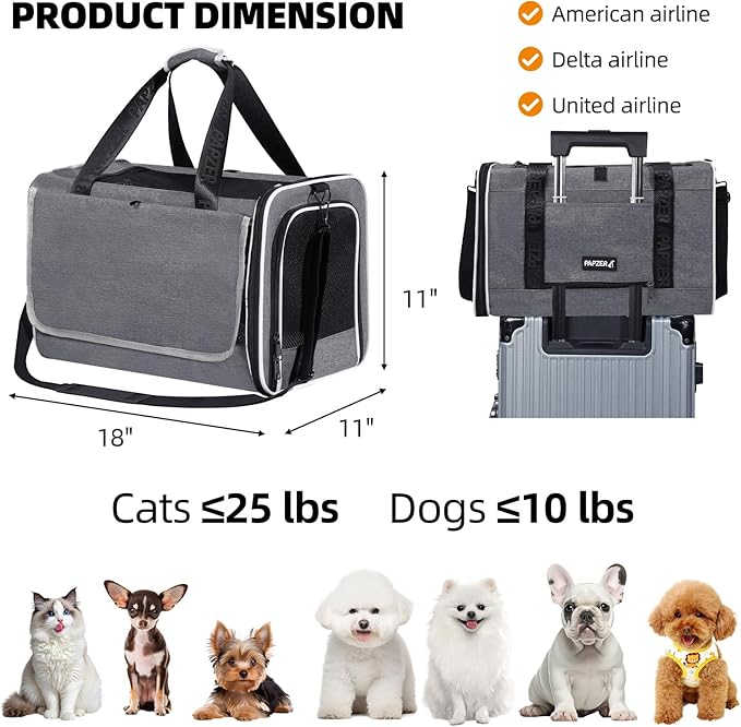 Top Loading Medium Cat Carrier with Privacy Curtain, Delta Approved TSA Pet Travel Crate Suitcase Luggage Sleeve, Soft-Sided Dog Kennel Bag 18x11x11 United Airline Approved Under Seat Grey-Mewly Pet