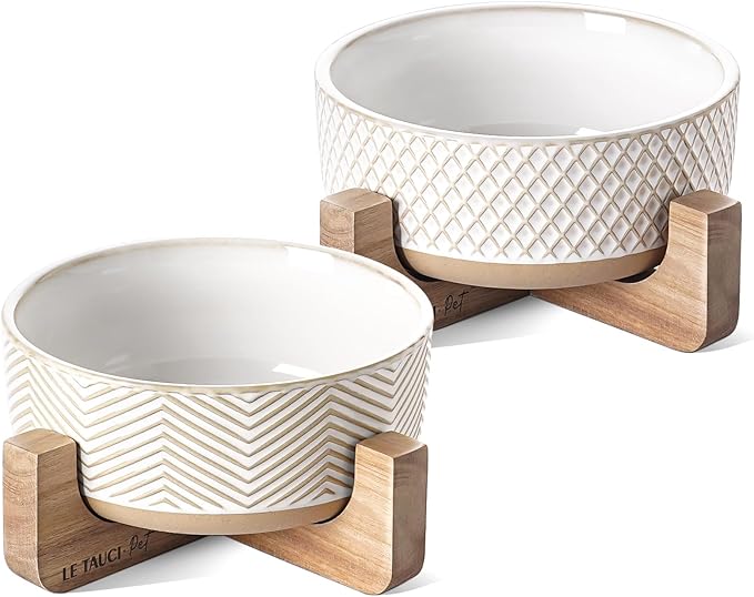 Ceramic Dog Bowl Set, 4 Cups Food and Water Bowl for Medium Small Dogs, Cute Pet Dishes with Wood Stand, Rhombus+Wave Design (Set of 2)-Mewly Pet