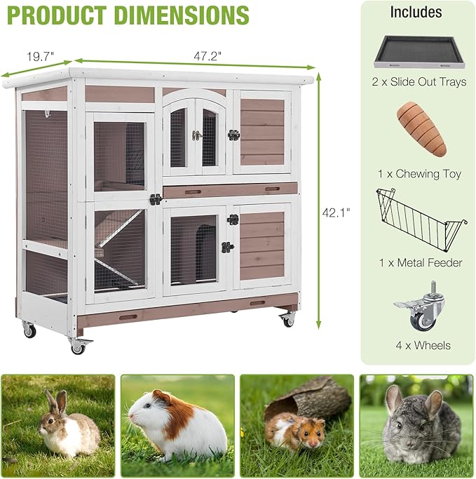 GUTINNEEN Large Rabbit Hutch Wooden Bunny Cage Indoor with Chew-Proof Ramp, 2-Story Guinea Pig Cages with Casters, Pull-Out Trays for Rabbits, Guinea Pigs, 47.2" L x 19.7" W x 42.1" H-Mewly Pet