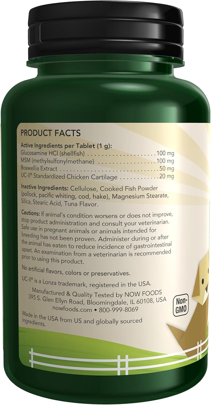 NOW Foods® Pets, UC-II® Advanced Joint Mobility for Dogs and Cats, Veterinarian formulated, Help Maintain Cartilage and Connective Tissue*, 60 Chewable Tablets (60 Grams)-Mewly Pet
